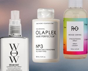 A collage of hair straightening products we recommend on a grey and pink background 