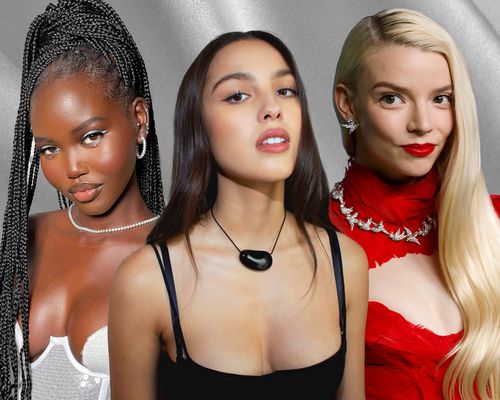 Adut Akech Bior, Olivia Rodrigo, and Anya Taylor-Joy on Gray Fabric Texture Background